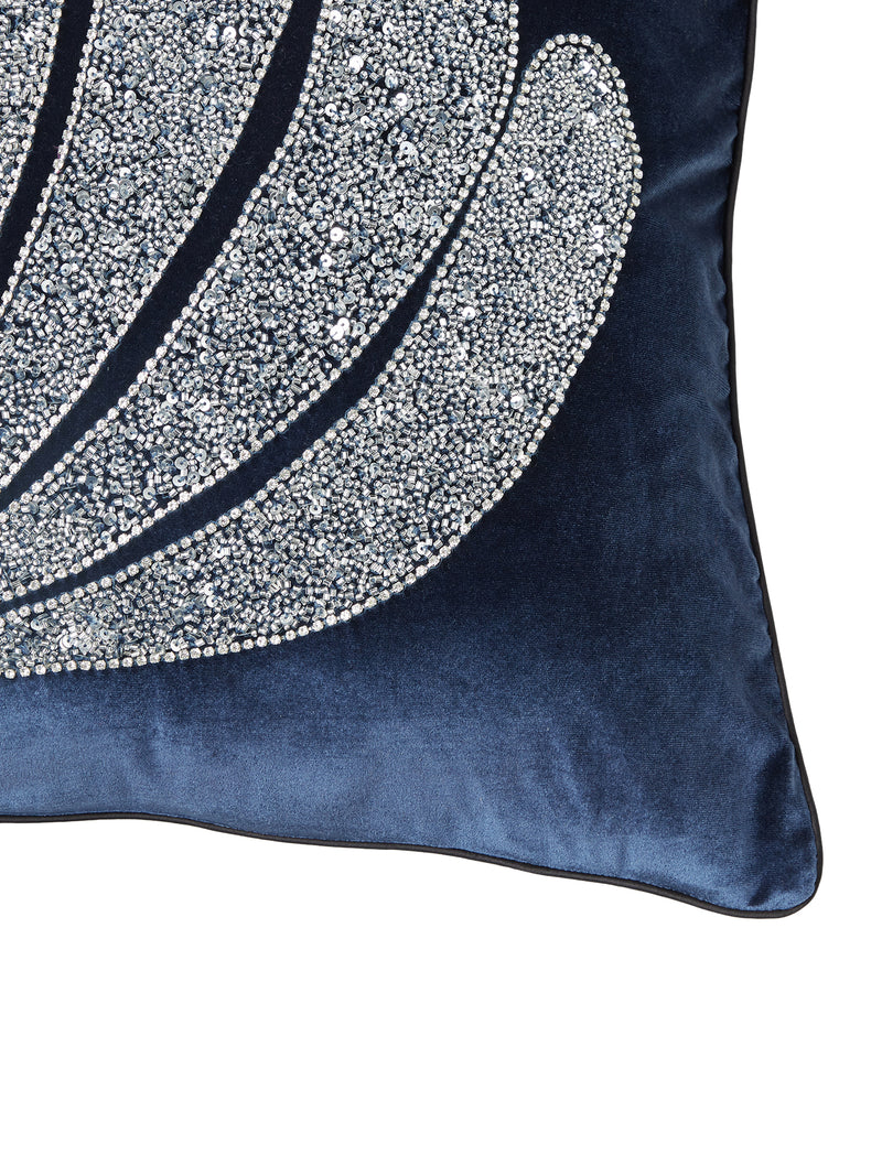 Blue Plush Embellished Cushion Cover