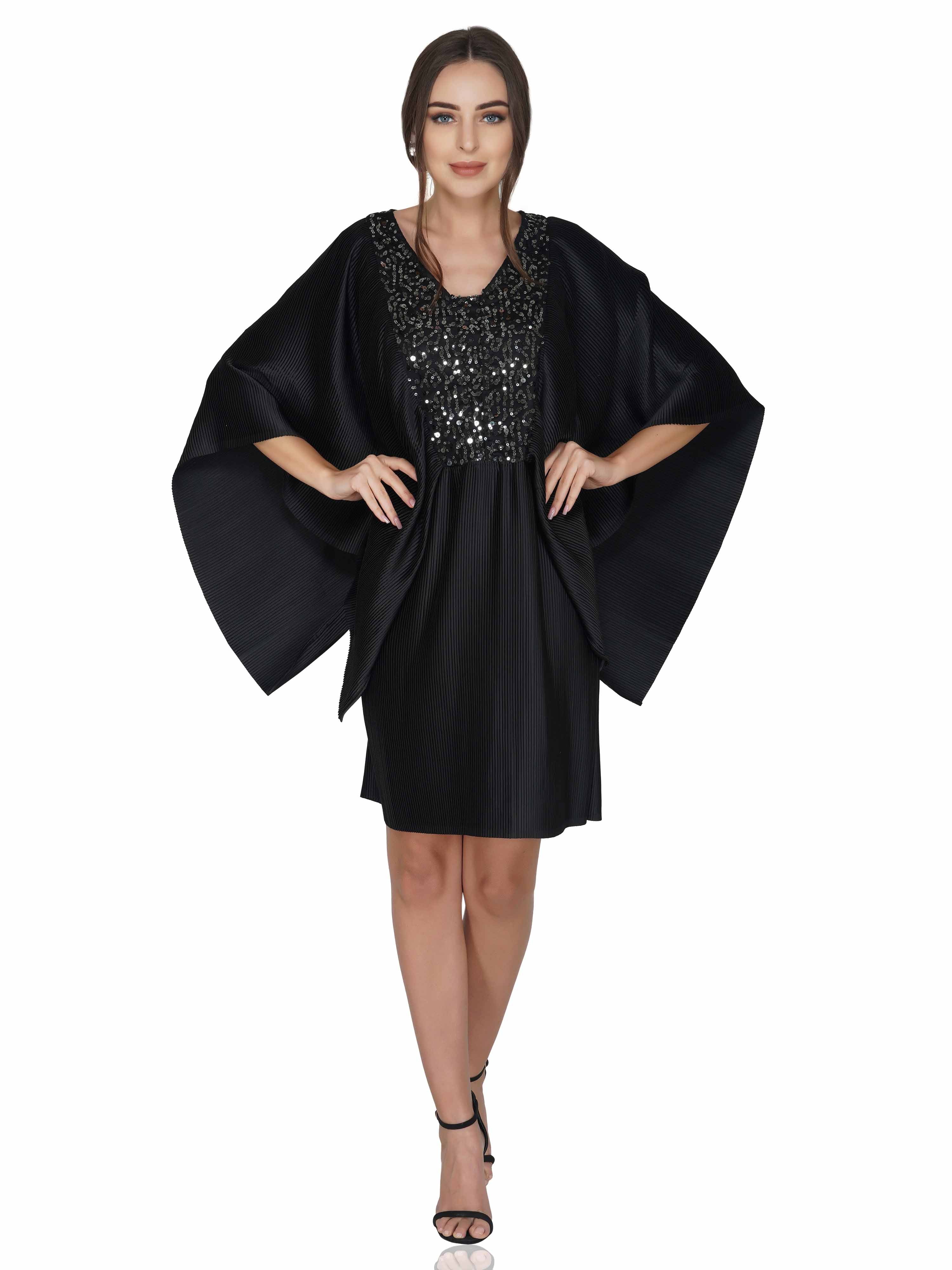 Attic Salt Flutter Sleeve Pleated Dress With Sequin Yoke