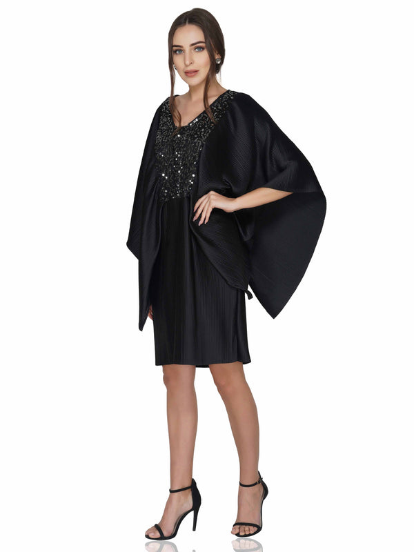 Attic Salt Flutter Sleeve Pleated Dress With Sequin Yoke