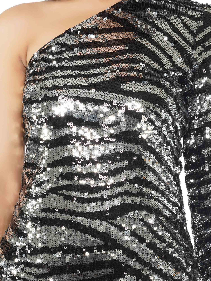 Mia one-sleeve sequined tiger  print tulle mini dress