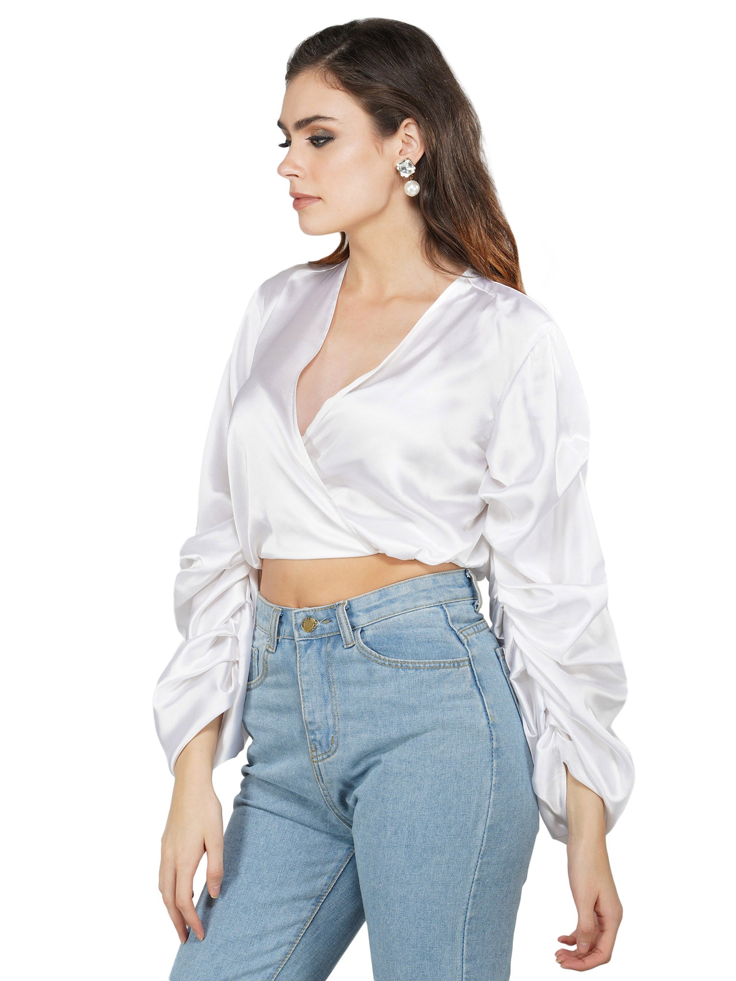 folksy pearl white satiny crop top