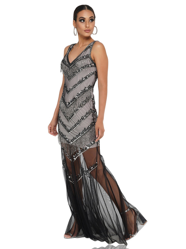 Attic Salt Embellished Black Tulle Gown