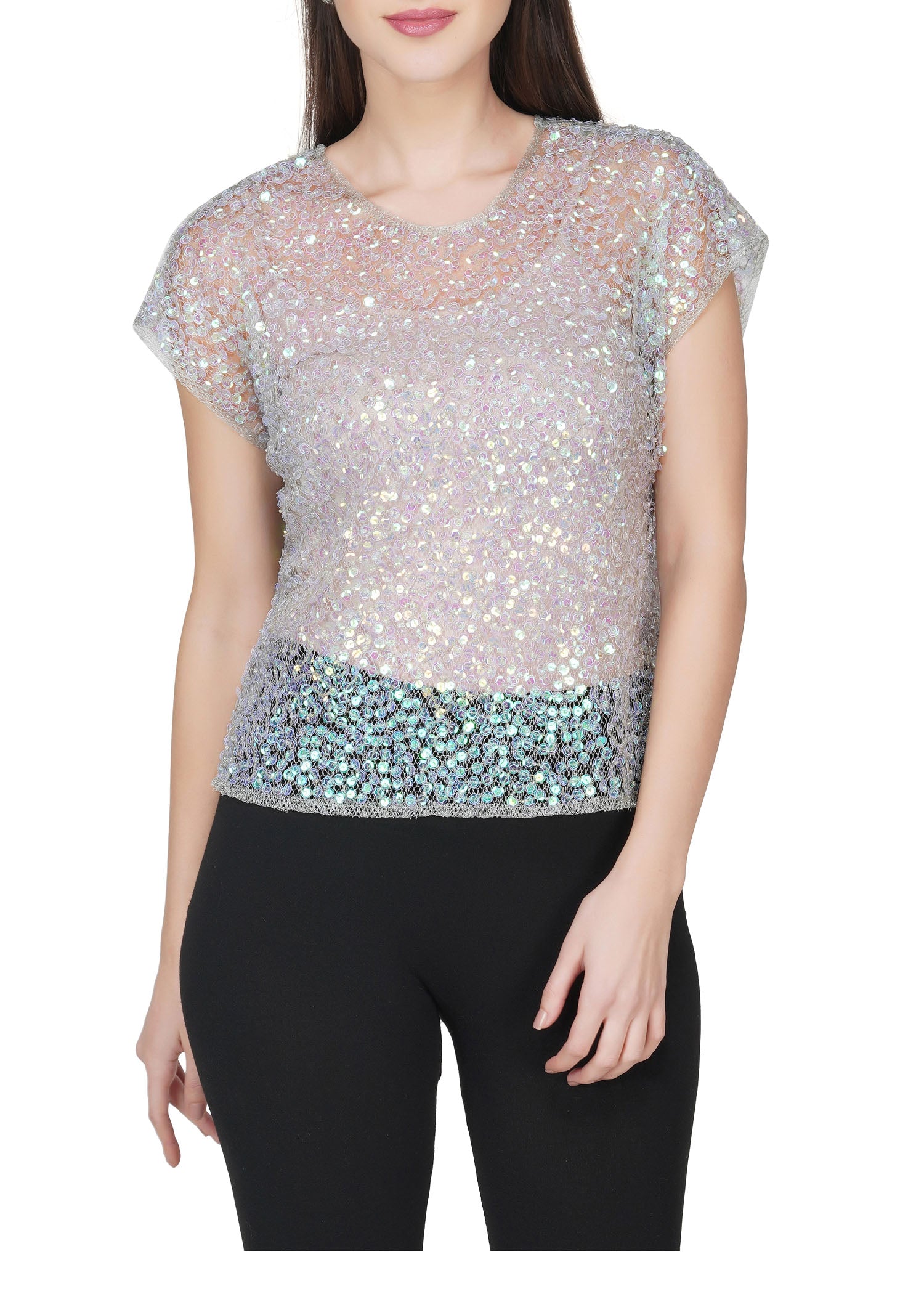 Attic Salt  D Rainbow Sequin Mesh Top