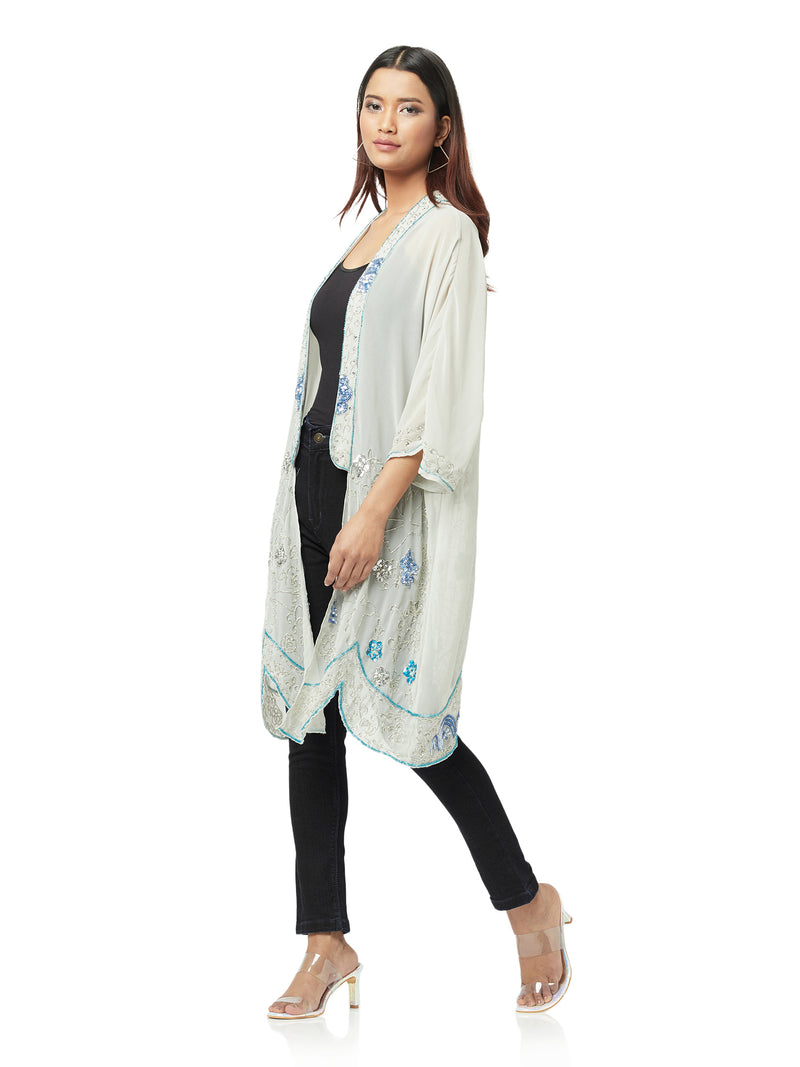 Grey Shrug With Contrast Embroidery