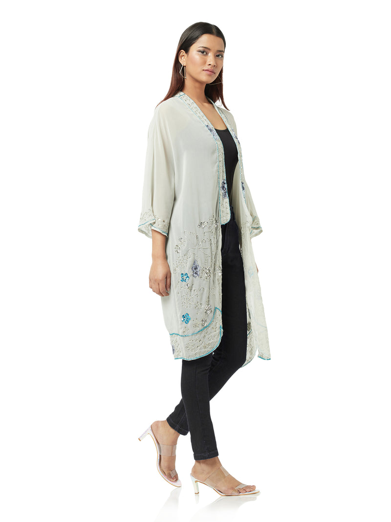 Grey Shrug With Contrast Embroidery